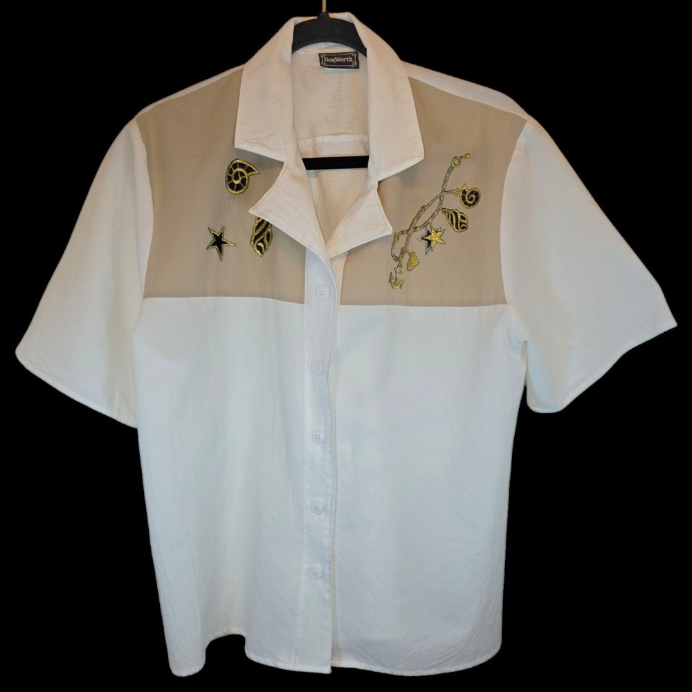 BonWorth Vtg Women Sz XL Blouse White Embroidered Nautical Seashell Button Shirt